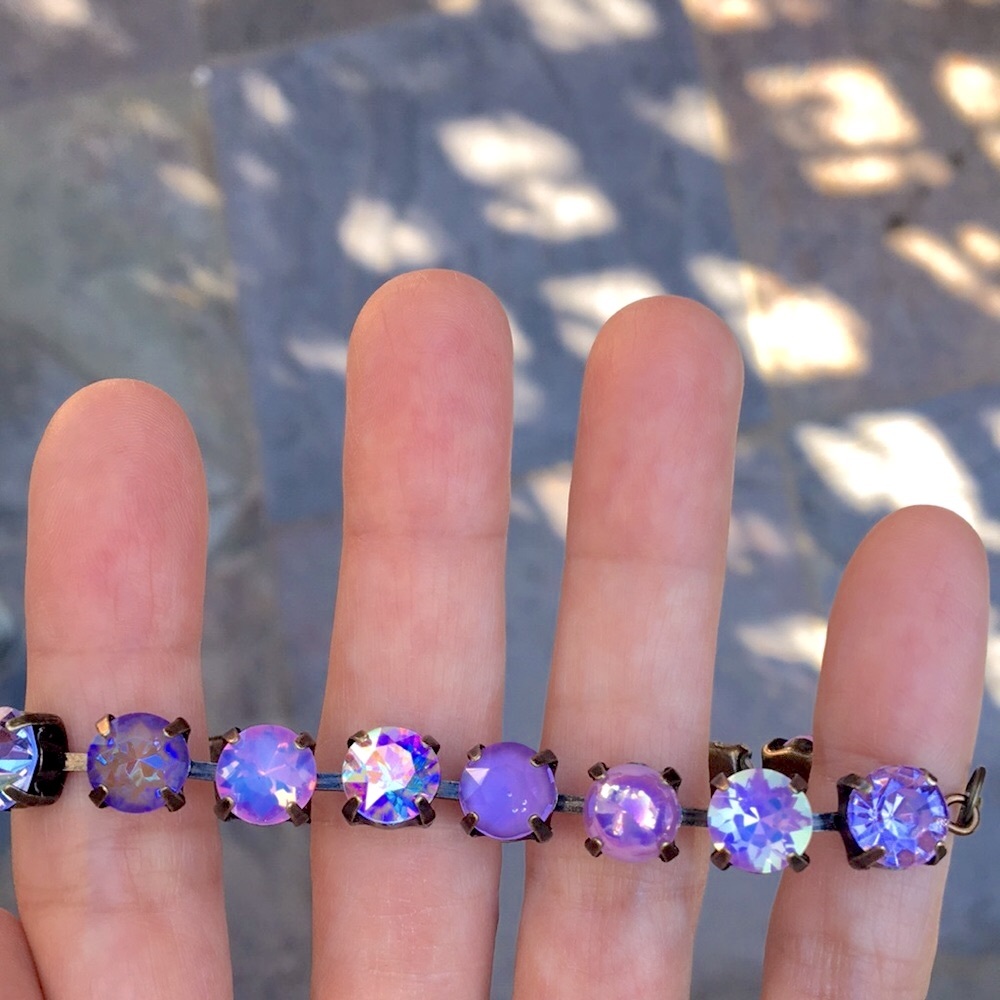 Amethyst, Violet, + iridescent Purple Opal Antique Brass Crystal Tennis Bracelet - Picture 6 of 17